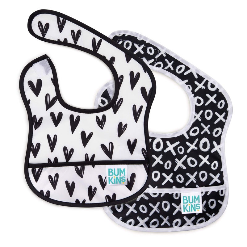 Bumkins Bibs, for Baby Girl or Boy, Infant 3-9 Months, Essential Must Have for Eating, Feeding, Baby Led Weaning, Mess Saving Waterproof Soft Fabric, Starter Bib 2-pk Hearts, XOXO Black and White - Image 1